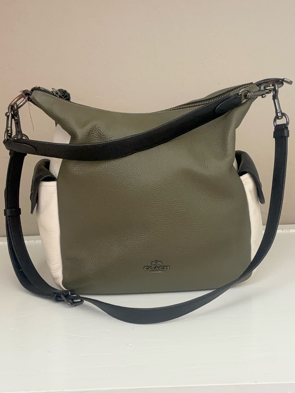 Coach Pennie Colorblock Pebble Leather Shoulder Bag Olive Cream Black